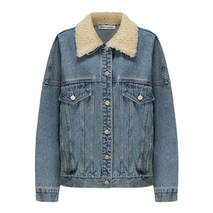 IF BY LAND 毛毛翻领结构设计黑色蓝色宽松牛仔外套上衣女