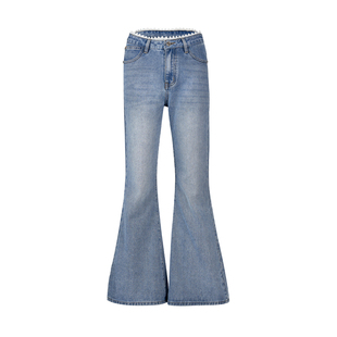 Kroche 浪漫法式 镂空花边拼接高腰显瘦休闲微喇牛仔裤