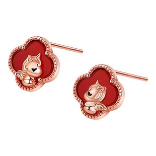 999纯银针四叶草马年耳钉女本命年耳环小众高级秋冬红色过年耳饰