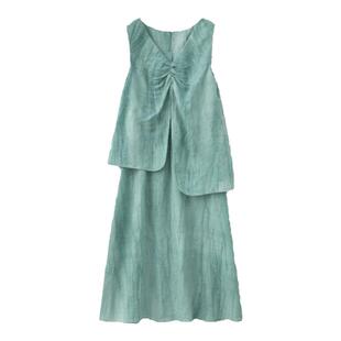 RUISHI芮时 夏日海盐亚麻褶皱扎染裙子假两件连衣裙女夏季