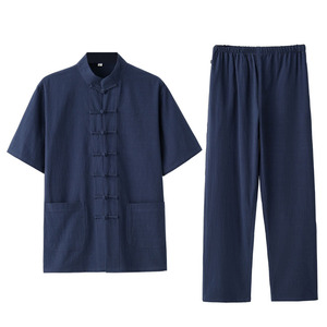 夏季中式男装复古中国风唐装男青年薄款短袖亚麻汉服套装男居士服