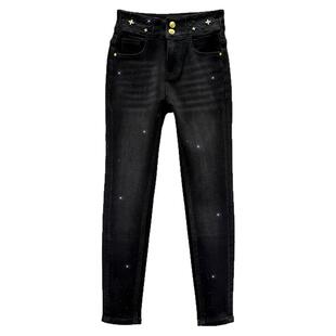 加绒牛仔裤女九分裤2025年冬季新款高腰修身欧货烫钻小脚铅笔裤潮