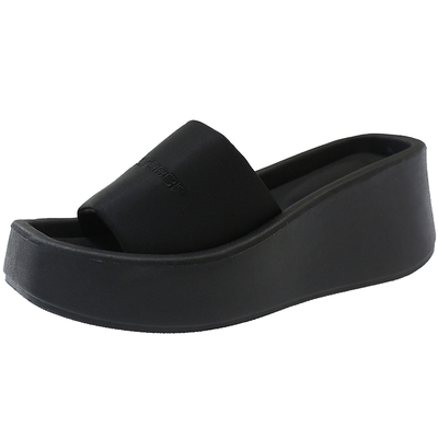 优兰意缎面坡跟厚底一字拖鞋女夏