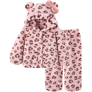 Pinksea珊瑚绒睡衣女款冬加厚保暖粉色豹纹可外穿家居服大码套装