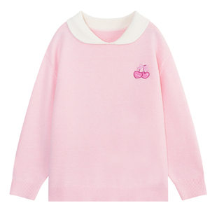 YUZI鱼子韩系甜美樱桃刺绣圆领针织衫女长袖粉色毛衣温柔大码女装