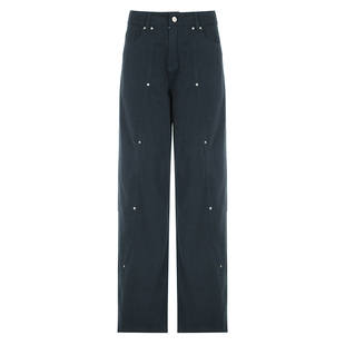 SWEETOWN中性风街头vibe低腰铆钉分割工装裤宽松直筒阔腿牛仔裤女