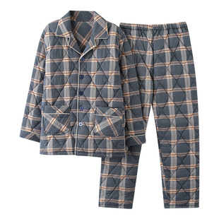 睡衣男士冬季三层加厚纯棉冬天夹棉保暖大码中老年家居服两件套装