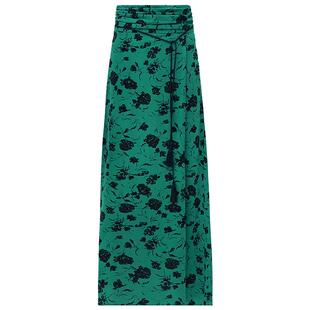 COCOBELLA流苏飘带高腰捏褶剪影印花半身裙女夏气质开叉长裙HS91