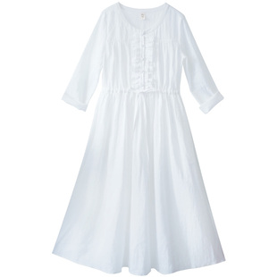 【5折】苎麻白色连衣裙新款夏季长裙收腰显瘦圆领小礼服裙子女