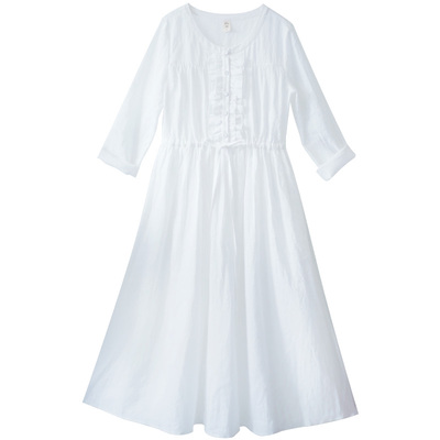 忆旧苎麻白色连衣裙夏季长裙收腰