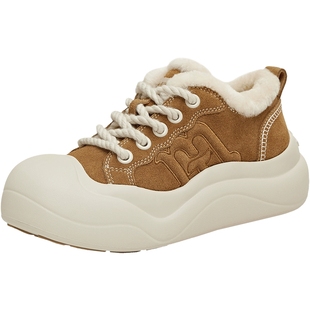 天美意姜饼团子厚底增高大头鞋运动板鞋女加绒毛毛鞋2025冬季新款