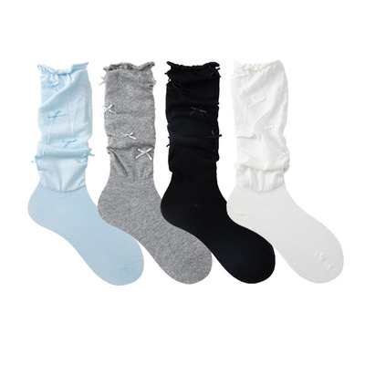 蓝色蝴蝶结小腿袜女夏季薄款洛丽塔甜美长筒袜子纯棉卷边堆堆袜