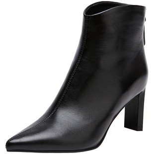 百田森羊皮靴子女2025新款爆款羽绒高跟靴尖头白色靴子法式小短靴