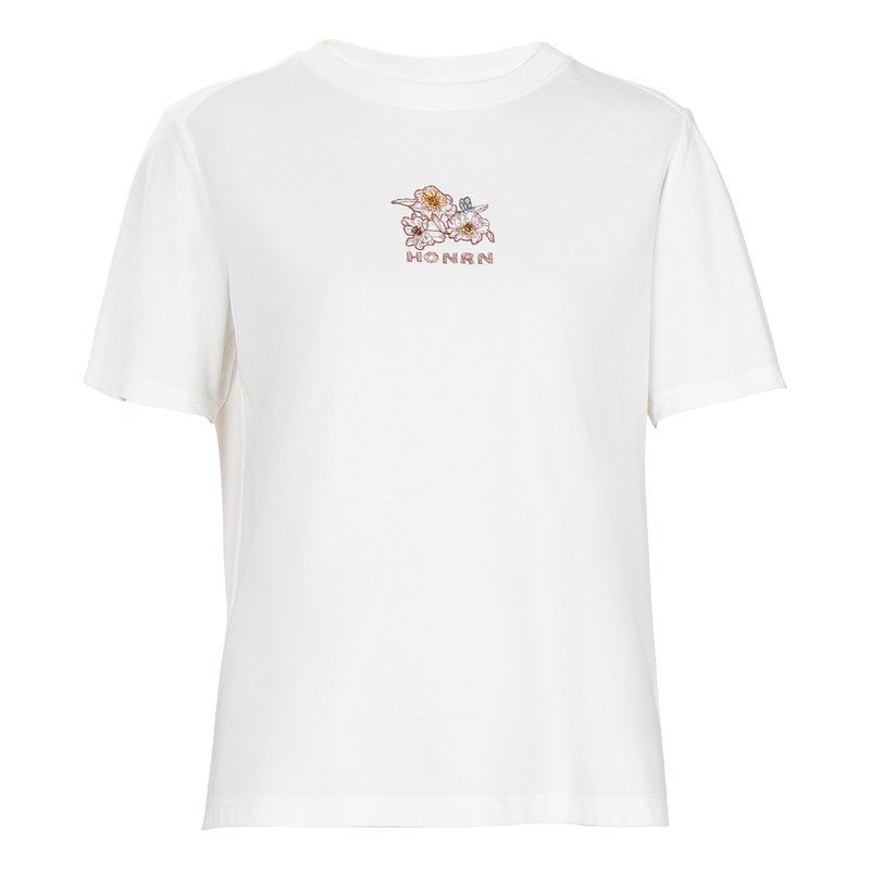 HONRN/红人休闲风白色圆领套头绣花短袖T恤上衣女春秋HJ11OT388
