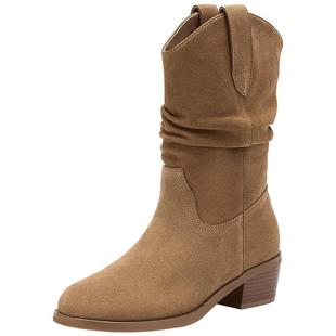 热风都市游牧风西部牛仔靴2025年冬季美拉德靴子中筒靴堆堆靴女靴