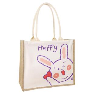 手提袋拉链包包女包外出单肩麻布袋布袋兔子古风帆布包环保袋子大