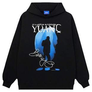 YUANQ去发光连帽卫衣加绒宽松美式复古帽衫街头国潮情侣上衣