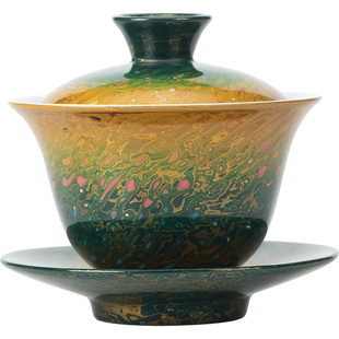 大漆茶具手绘山水三才盖碗手工非遗螺钿漆器高端伴手礼陶瓷泡茶杯