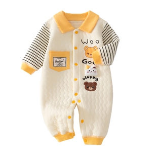 新生婴儿薄棉款秋冬夹棉无骨连体衣宝宝春秋加厚保暖哈衣爬服睡衣