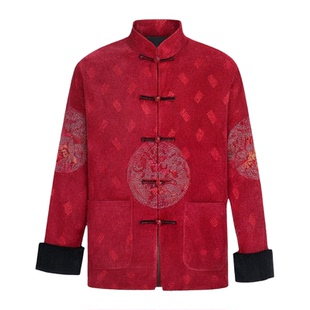 高档中式男装宴会装 男士唐装外套秋冬连袖红色上衣 爸爸婚宴装