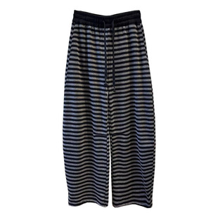 抽绳羊绒条纹阔腿裤女加绒加厚2025冬季新款欧货宽松休闲弯刀长裤