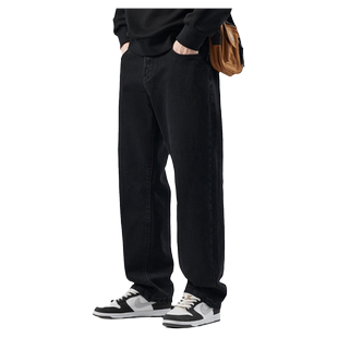 hansca黑色复古弹力牛仔裤男2025秋冬季加绒加厚宽松直筒休闲长裤