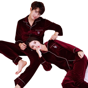秋冬季天鹅绒长袖睡衣女红色结婚情侣金丝绒家居服套装男士加大码