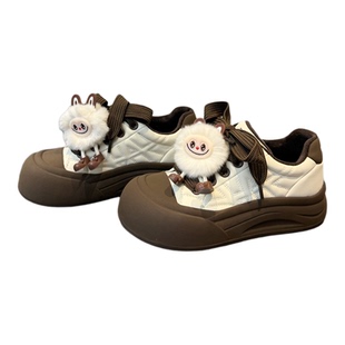 真皮开口笑板鞋女2025年秋冬加绒新款大头丑萌小白鞋女厚底休闲鞋