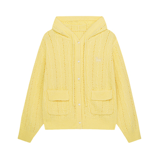 BIPOLAR镂空绞花轻薄连帽开衫毛衣韩系休闲短款上衣百搭款针织衫