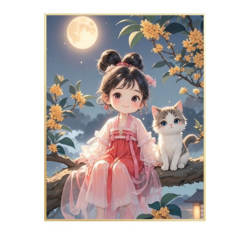 治愈系古风女孩钻石画方钻满钻小猫diy点钻十字绣卧室人物贴钻画