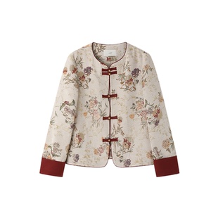 XWI欣未新中式国风雪尼尔提花外套女冬季富太太唐装盘扣拼色上衣