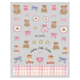 网红秋冬新款背胶美甲贴纸可爱甜美领结黄油小熊系列可拆卸美甲贴