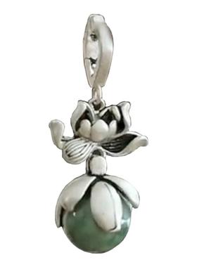 s925银复古做旧民族风好事莲莲圆珠荷花吊坠项链挂件女士气质百搭