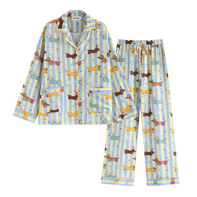 侘町2025年新款腊肠狗狗纯棉长袖睡衣女可外穿春秋条纹家居服套装