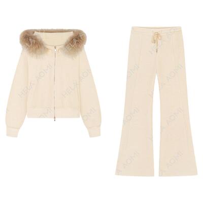 邱莹莹HELA AOMI “毛领套装”貉子毛休闲感懒人穿搭卫衣套装