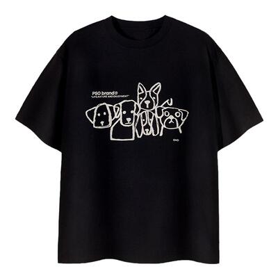 PSO Brand男装女装线条涂鸦小狗短袖男重磅纯棉T恤夏情侣半袖上衣