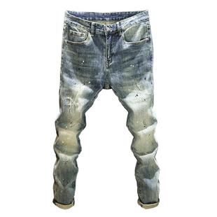 2025春秋新款牛仔裤男款潮牌复古做旧长裤高街泼墨油漆修身小脚裤