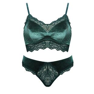 秋冬丝绒面内衣女士复古天鹅绒舒适无钢圈性感蕾丝边薄款文胸套装