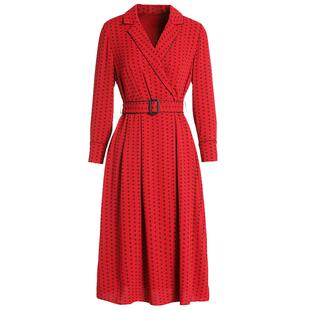 乔万尼红色长袖收腰连衣裙秋装商场同款长裙气质中长款EI3E123