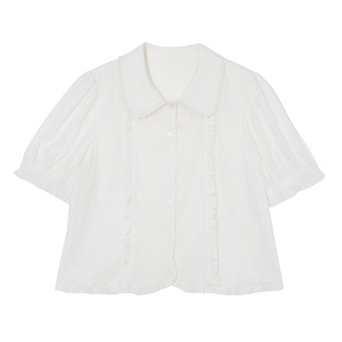 踏进银河 夏日小众花苞袖白色衬衫日系甜美重工提花短袖花边衬衣