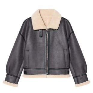 Goodland美地女装机车风环保仿皮毛一体短外套冬季LC34510200