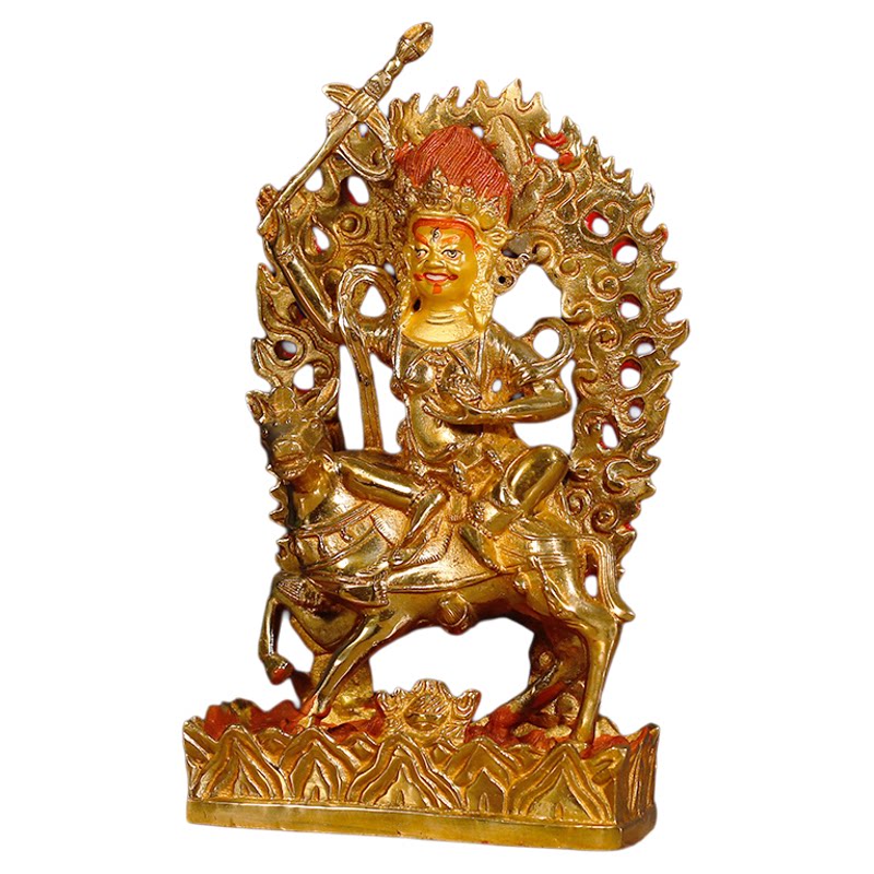 藏传密宗全鎏金纯铜彩绘吉祥天母佛像家用佛堂供奉铜像摆件高22cm