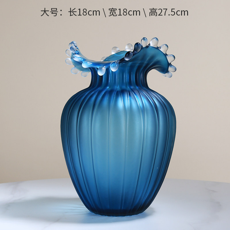 简约蓝色波浪玻璃花瓶可水培客厅样板间售楼处装饰品花器插花摆i.