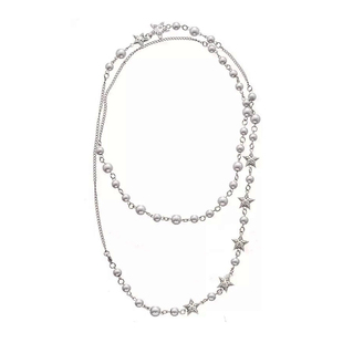 潮酷双层串珠五角星星星灰珍珠项链女长款流苏设计时髦锁骨毛衣链