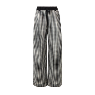SMIIILE慵懒风黑白格子阔腿裤女春宽松显瘦格纹休闲直筒裤松紧腰