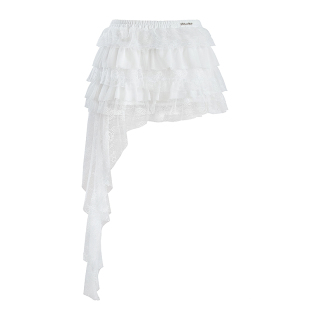 UNIFREE白色蕾丝雪纺半身裙拼接不规则设计感遮肉显瘦蛋糕裙短裙