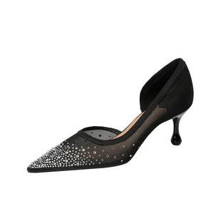 小众设计感网纱水钻高跟鞋女2026夏季新款尖头细跟内侧空浅口单鞋
