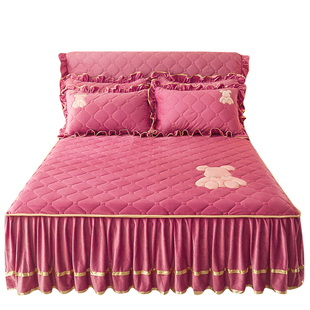 水晶绒加厚床裙夹棉床罩三件套绣花款防滑床单床套床围裙罩防尘罩