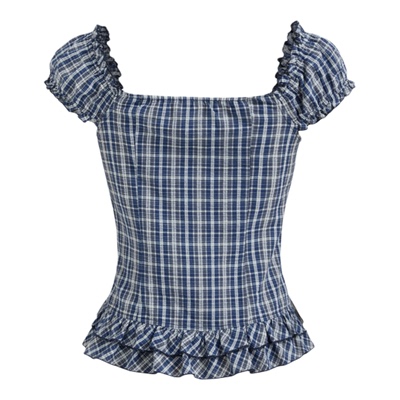 CIDER甜心格纹荷叶边褶皱叠层上衣114716588