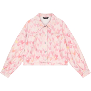 妖精的口袋爱心满印粉色晕染短款外套女2026年早春新款甜美小个子